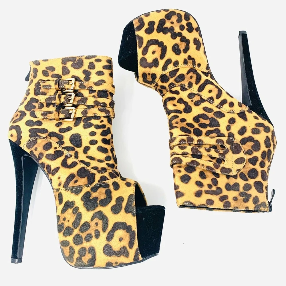 Generation Y Leopard Print Platform Heels Ankle Booties Stiletto Buckle Statemen